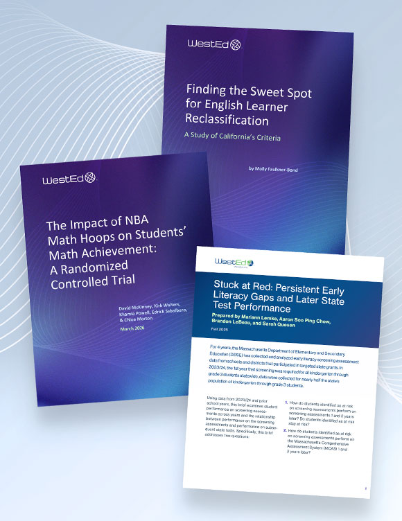 Three WestEd research publication cover pages, including "The Impact of NBA Math Hoops on Students' Math Achievement: A Randomized Controlled Trial," "Finding the Sweet Spot for English Learner Reclassification: A Study of California's Criteria," and "Stuck at Red: Persistent Early Literacy Gaps and Later State Test Performance.