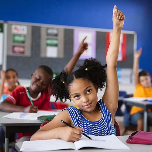 Young student in an elementary school classroom with hand raised
