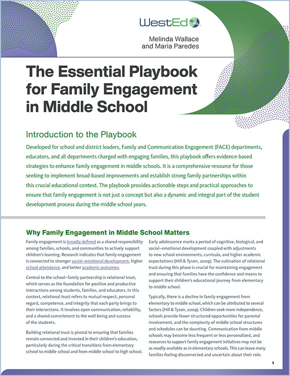 Links to the Essential Playbook for Family Engagement in Middle School page on WestEd.org