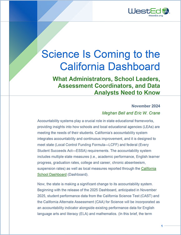 Links to the Science is Coming to the California Dashboard resource page on WestEd.org